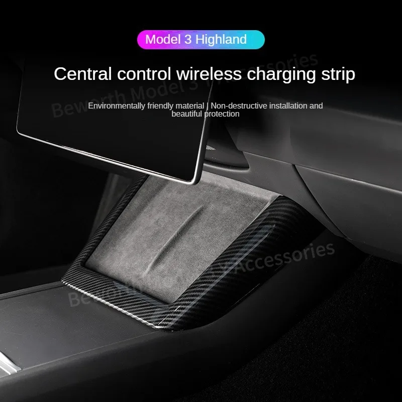 For Tesla Model 3 Highland 2024 Carbon Fiber Wireless Charging Panel Side Trim Strip Interior Decoration New Model3 Accessories