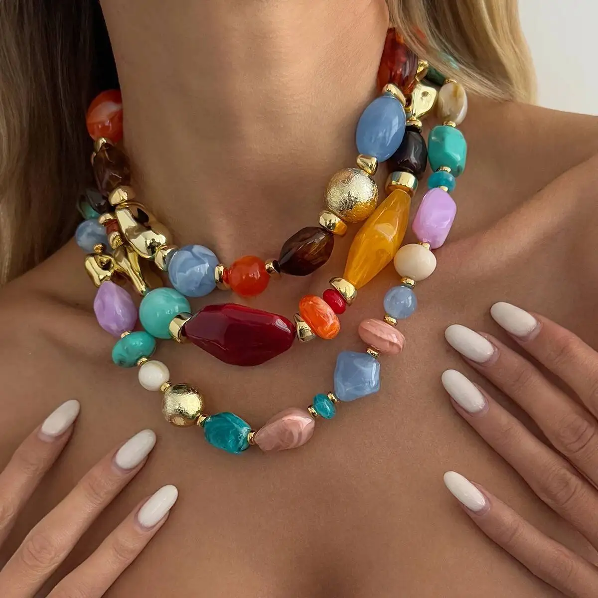 KunJoe Bohemian Colorful Resin Beaded Choker Necklace for Women Vintage Adjustable Acrylic Short Necklace Jewelry on the Neck