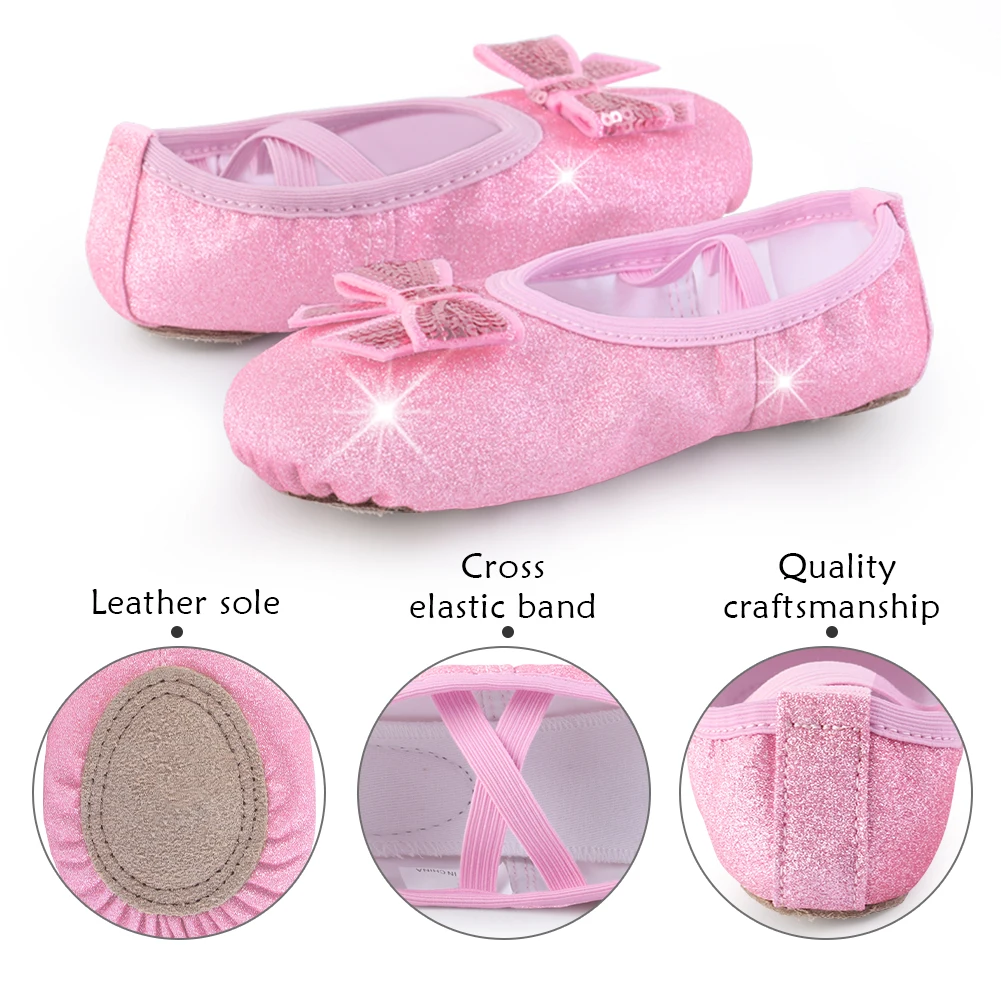Ballet Shoes Split-Sole Glitter Flats Soft & Breathable Ballet Shoes for Girls Toddler/Kid With Bow Knot