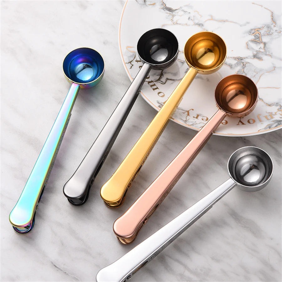 1PC Multifunctional Two-in-one Stainless Steel Coffee Spoon Snack bag Sealing Clip Kitchen Gold Accessories Cafe Decoration