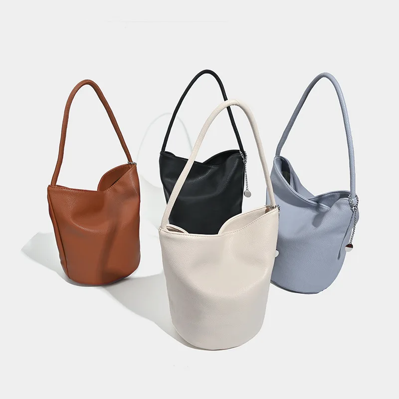 Pu Soft Leather Bucket Bag for Women Simple Pebbled Shoulder Underarm Bag Fashionable and Versatile Commuter Bag 2024 Handbag