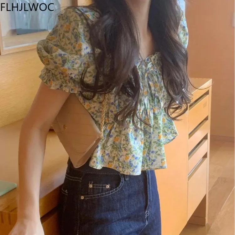 2021 Summer Korea Chic Tops Blusas Fashion Flhjlwoc Design Short Crop Peplum Floral Print Sexy Off Shoulder Women Blouses