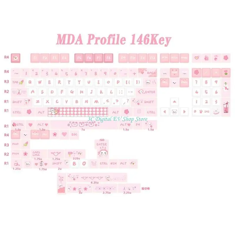 

E74D 146Keys Keycaps Bear Keycap Set ThickPBT Gift for Gamers and Typists Girl