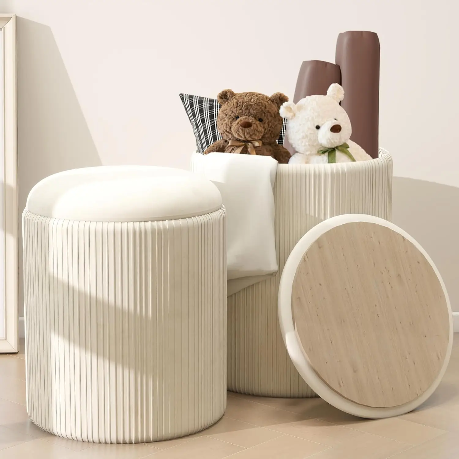 

Round Ottoman With Storage Set Of 2, Upholstered Velvet Storage Ottoman, Vanity Stool For Makeup, Foot Rest For Living Room,