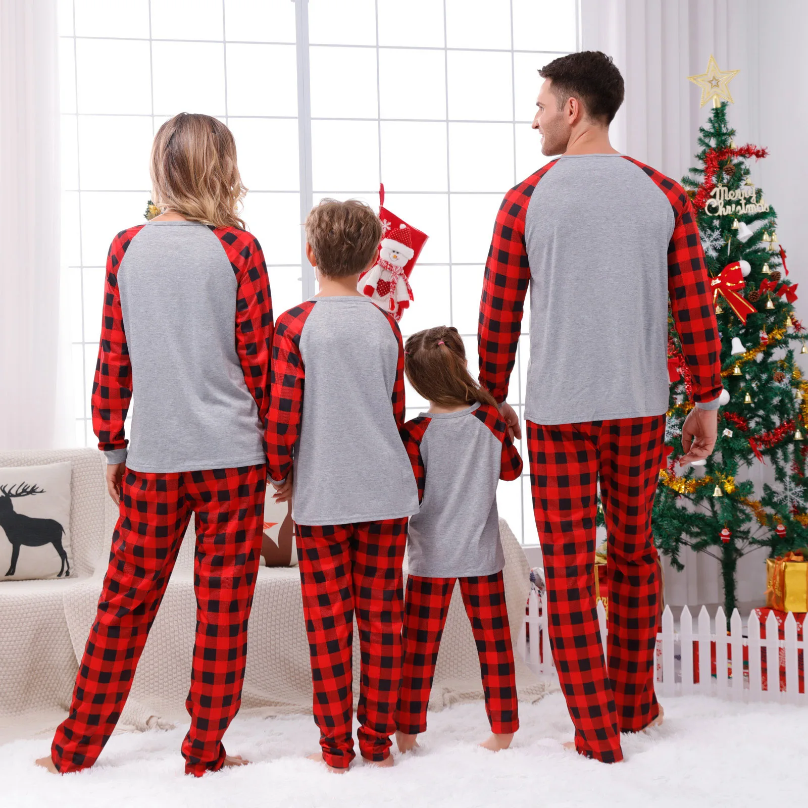 Parent-child Pajamas Sets Family Christmas Loungewear Parent-child Set Checkered Patchwork Printed Sleepwear for Sleeping