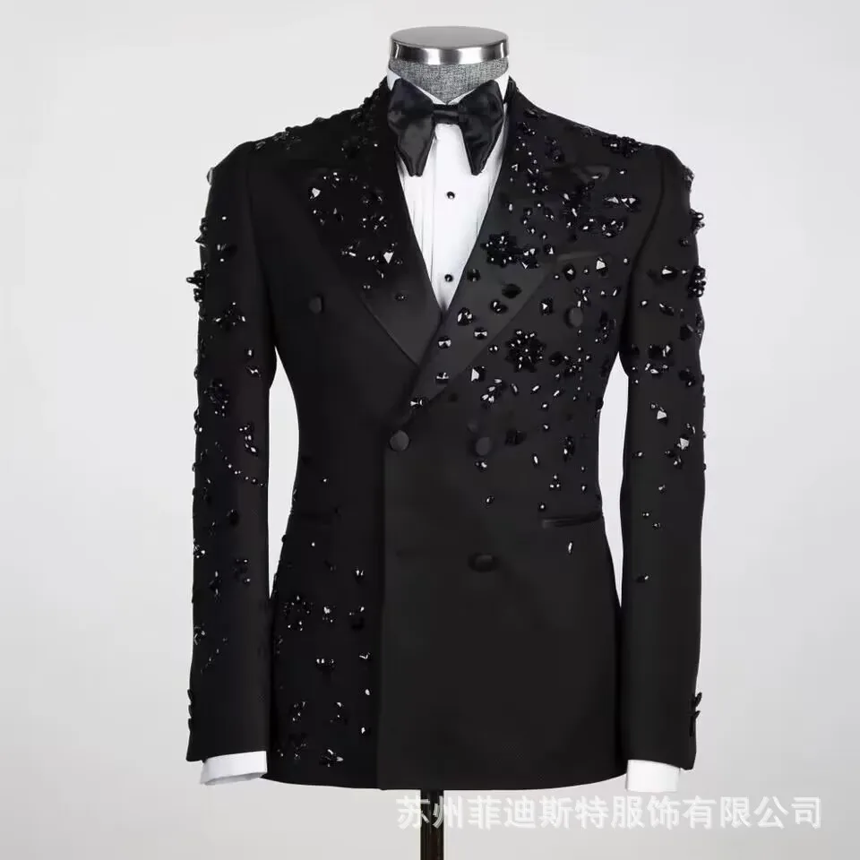 New Arrival Fashion Plus Size Men Two-piece Set Beaded Business Banquet Cocktail Suit Black