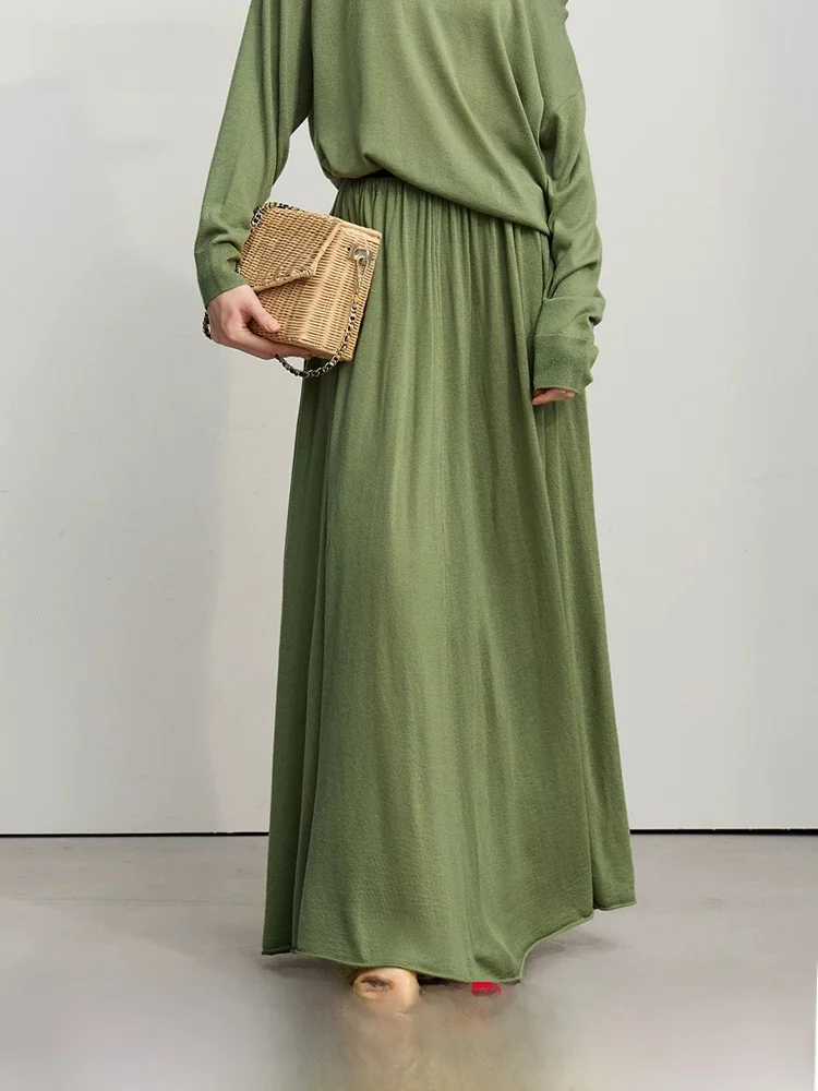 

Spring New Arrival Minimalist Color Wool Yarn Loose Long Elastic Waist Large A-Line Skirt Knitted Half Skirt for Women