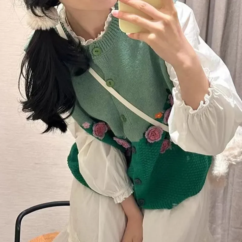 Vintage Patchwork Green Knitted Vest Women Loose Sleeveless V-neck Harajuku Sweater Vest Korean Style Y2k Oversized Tank Tops