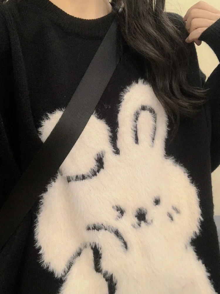 KOSAHIKI Japanese Cute Rabbit Jacquard Sweater Women Black Pullover Sueter Mujer Y2k Top Jumper Harajuku Knit   Tops