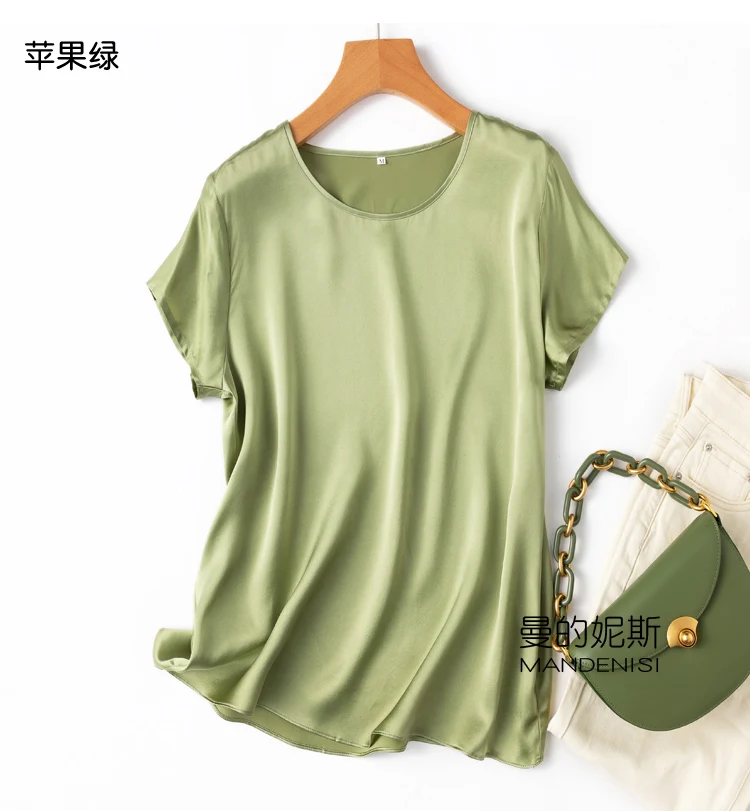 Benefits! Flowing gem series basic style versatile round neck 100% mulberry silk short sleeve silk satin T-shirt top