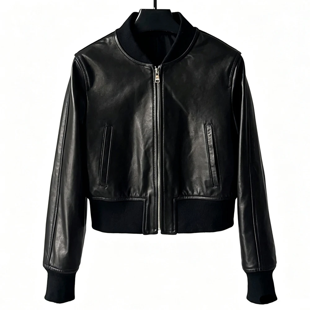 

Women Genuine Vegetable Tanned Leather Jacket Casual Stand Collar Short Baseball Biker Coat Slim‑Fit Sheepskin Outerwear Lady