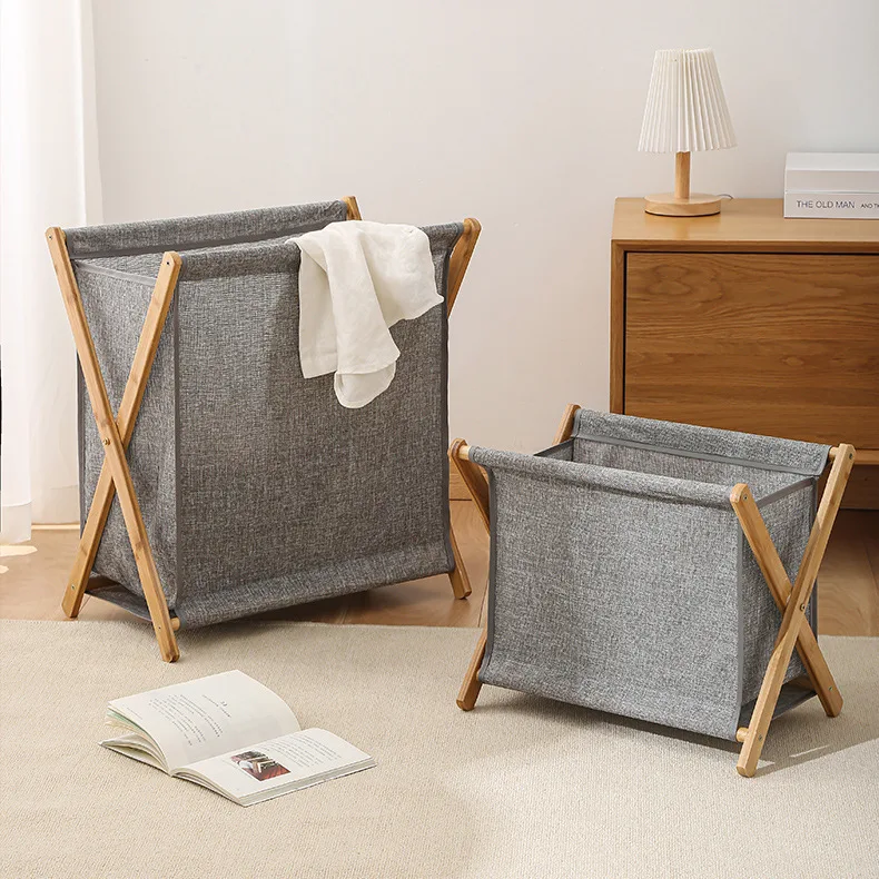 Dirty Cloth Basket Foldable Fabric Bamboo and Wood Bedroom Bathroom Storage