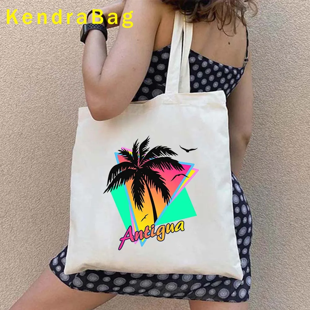 Love Heart Arms of Antigua Barbuda Map Flag Sunset Johns Watercolor Shopper Harajuku Canvas Tote Bag Cotton Eco Shopping Handbag