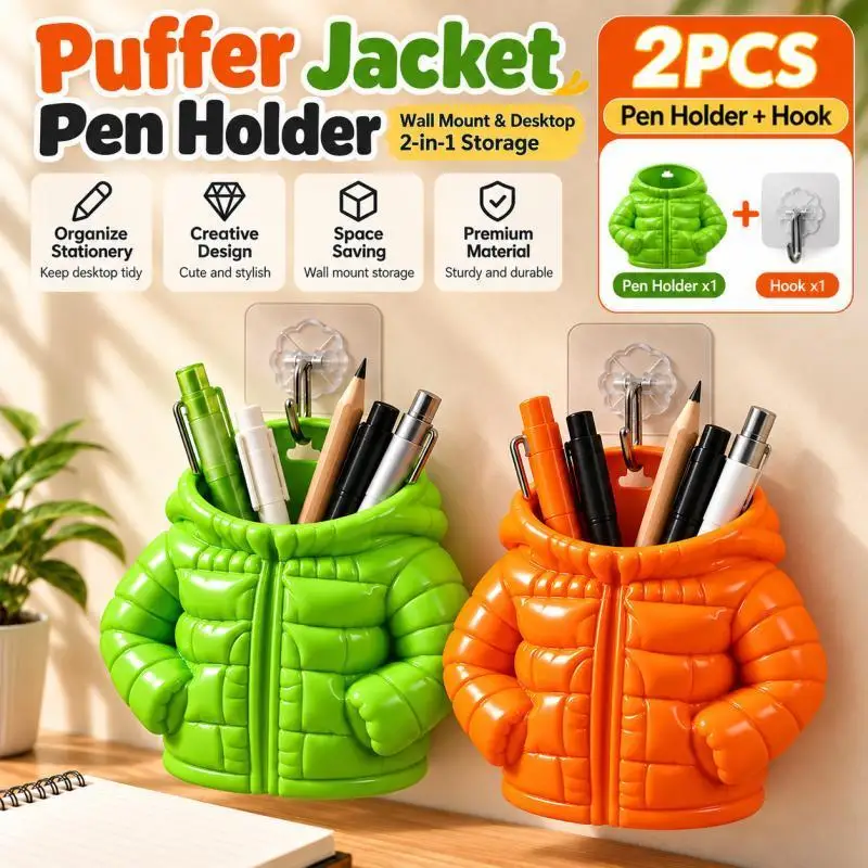 Puffer Jacket Pen Holder with Adhesive Hook, Cute Wall Mounted Pencil Cup, Desktop Organizer, Creative Desk Decor