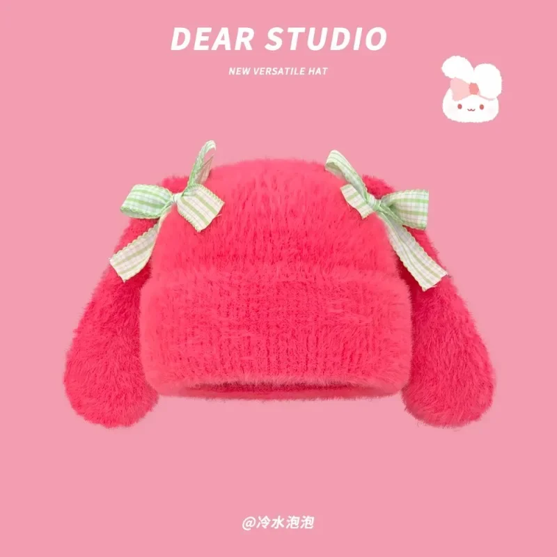 New Japanese Sweet Bow Rabbit Ear Plush Knitted Hat Women's Winter Plush Warm Cute Ear Protector Skull Beanie Cap Bonnet