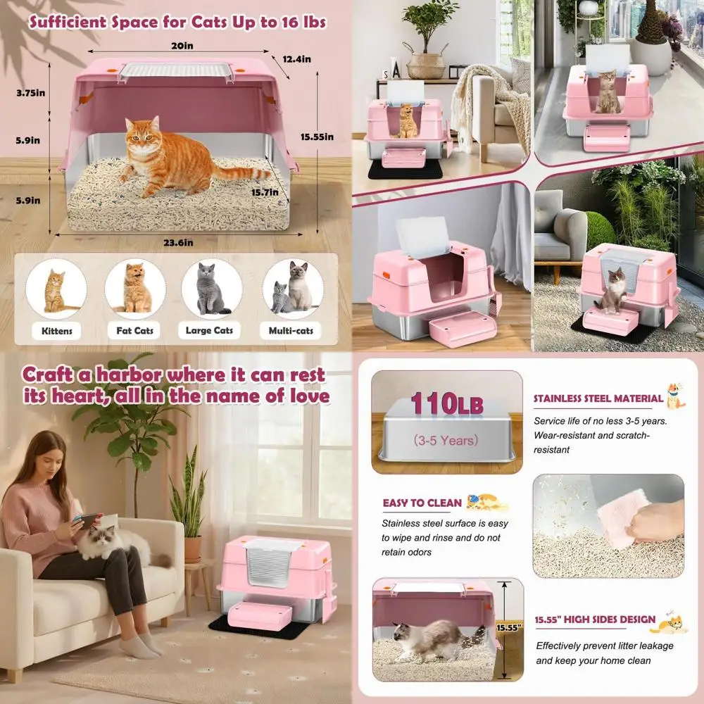

Stainless Steel Enclosed Cat Litter Box with Odor Control and Easy Cleaning for Stylish Pet Owners