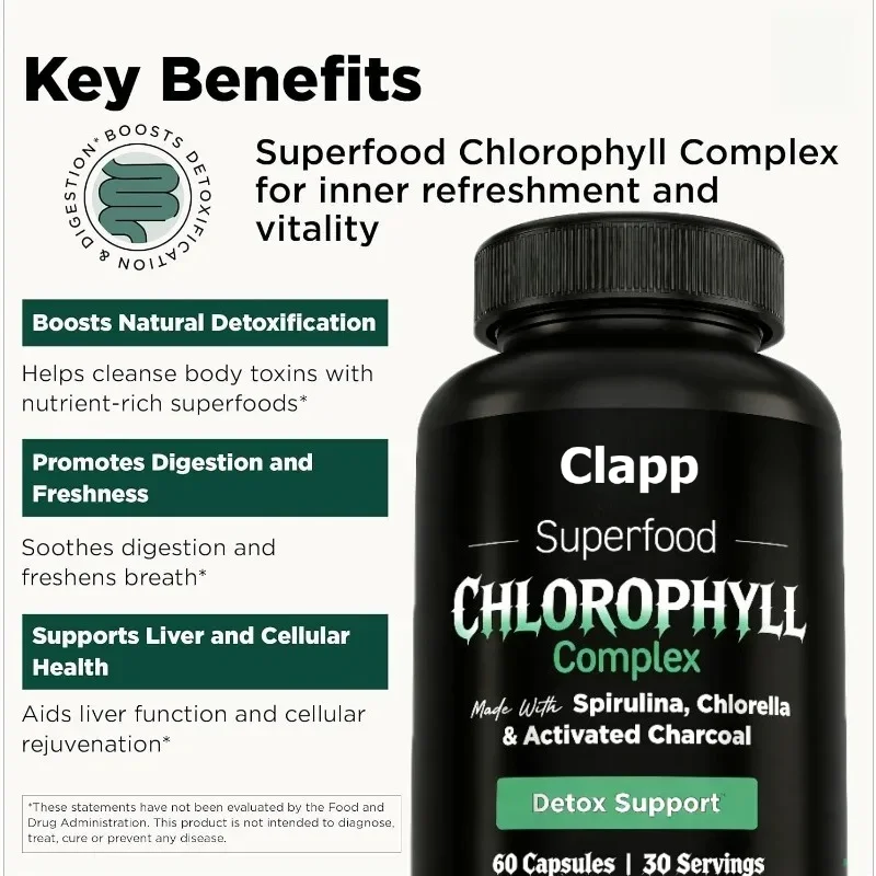 Chlorophyll Capsules Contain 60 Capsules of Spirulina, Microalgae, Parsley, Mint, Activated Carbon Body Deodorizing Supplements