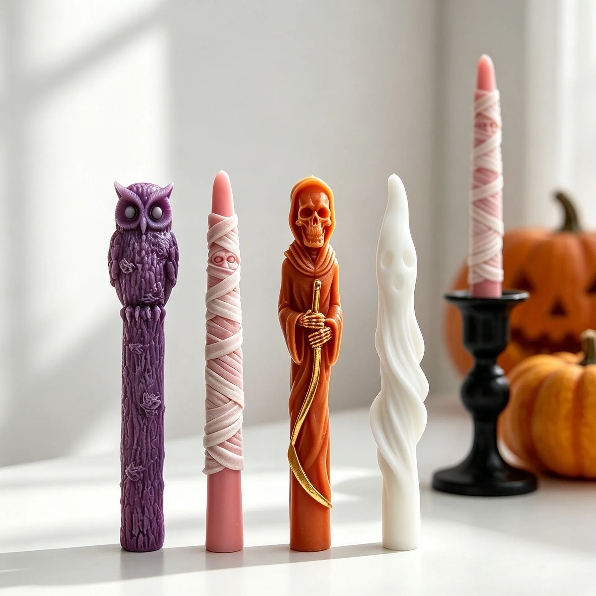 Image of Halloween Geister-Mumien-Langkerzen-Silikonform, Kreative Totenkopf-Eulen-Langkerzenformen, DIY Halloween Kerzenherstellungszubehör