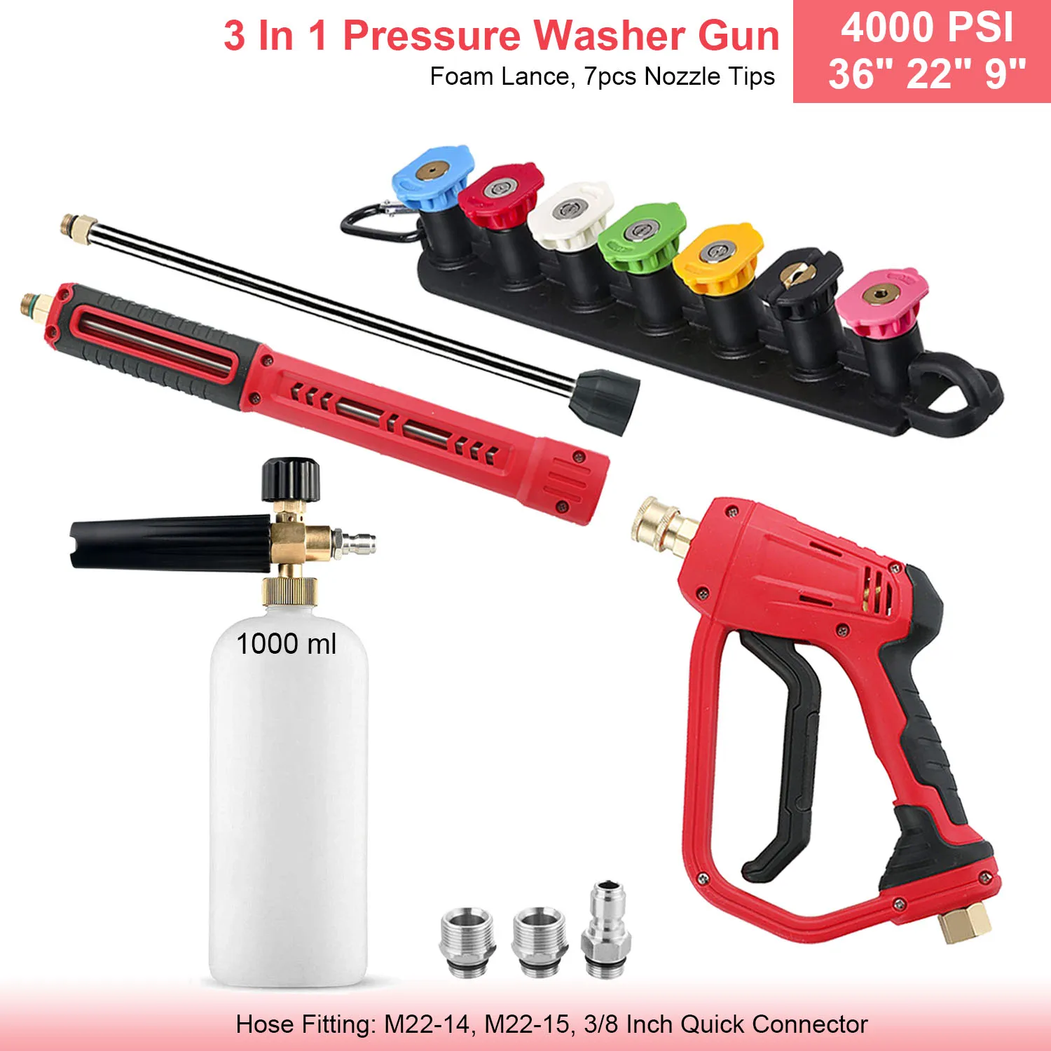 36 "In 4000 PSI Hogedrukreiniger Pistool Verlengstuk Nozzles Schuimlans 3 in 1 M22 14 15 mm 3/8 In Snelkoppeling Autoreiniger Kit