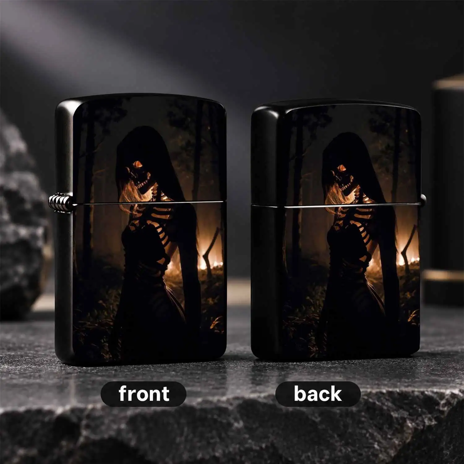 Creative Skeleton Girl In Dark Forest Printed Lighter, Cool Spooky Ambience Decorative Accessory, Portable Practical Daily Use Item, Unique Stylish Gift For Friends, Suitable For All Scenarios Indoor Outdoor, Delicate Fun Trendy Portable Mu