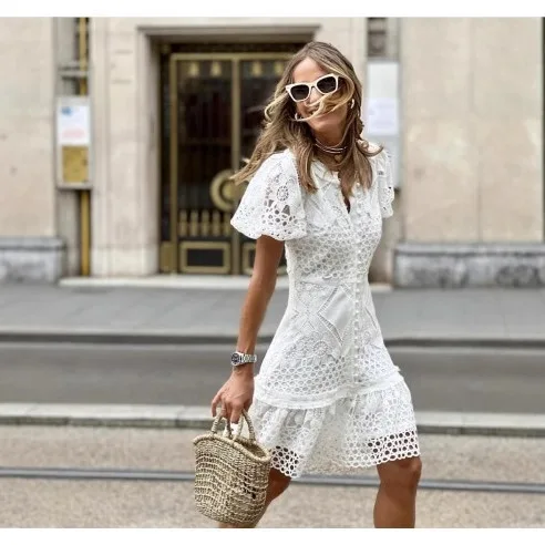 

Летнее кружевное платье миди, элегантное сексуальное платье с коротким рукавом для вечеринок, женское облегающее мини-платье, повседневное пляжное платье для отпуска