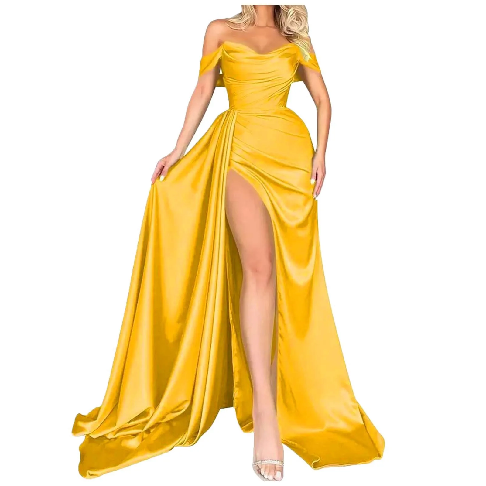 Sexy Long Satin Off Shoulder Evening Dresses With Slit Mermaid Pleated Corset Back Prom Dress Abendkleider for Women