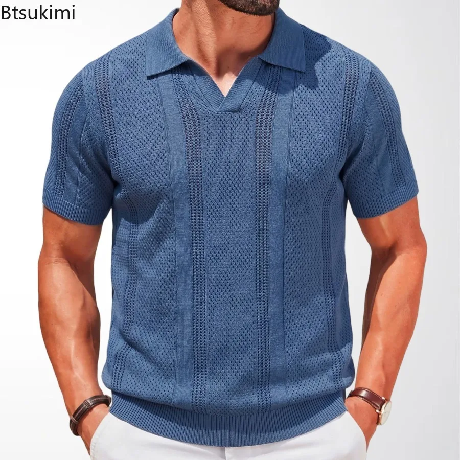 2026 New Men's Mesh Knitted Polo Shirts Slim Short Sleeve Casual Shirt Men Vintage Breathable Pullovers Hollow Out Knitwear Tops