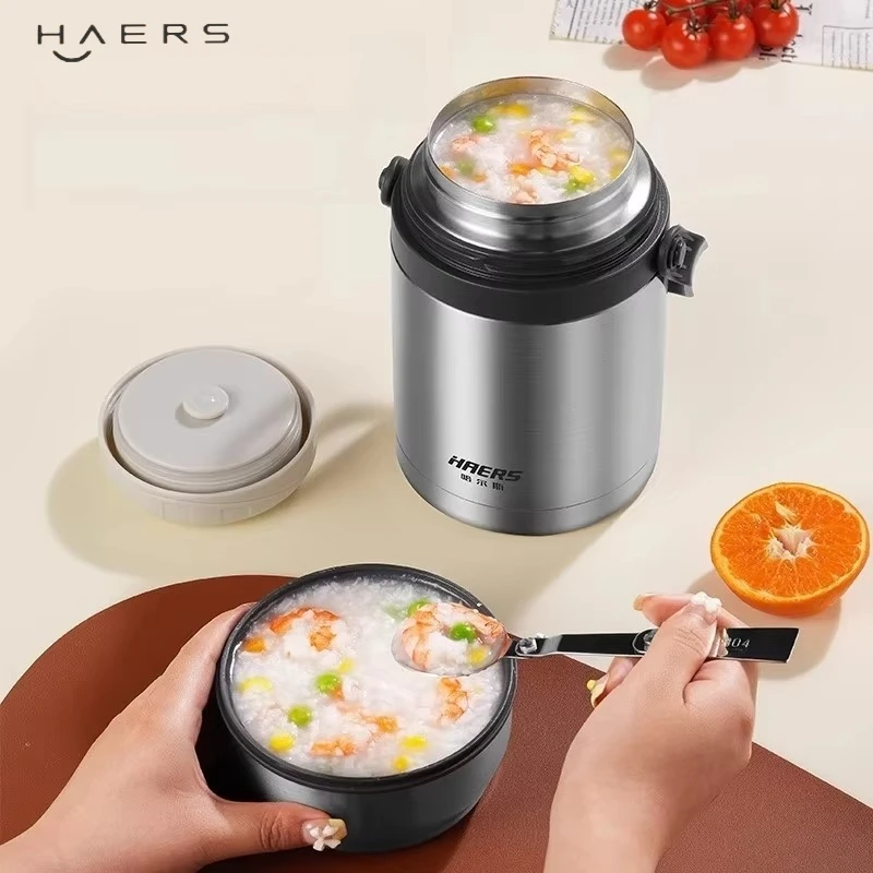 HAERS 1L Thermal Bucket 304 Stainless Steel Thermal Cooker Pot Leakproof with Tableware Office Workers Portable Congee Lunch Box