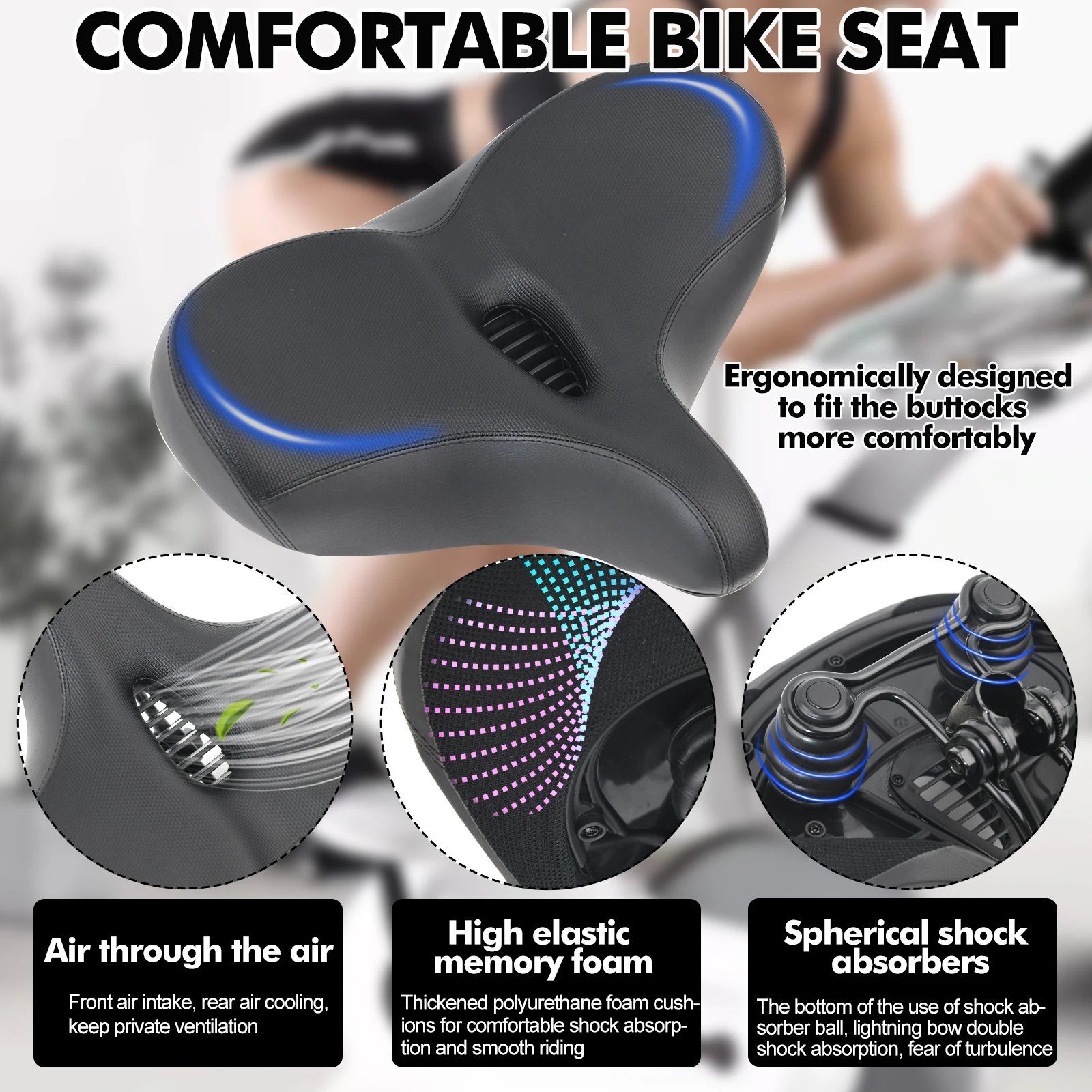 Breiter, weich gepolsterter Fahrradsattel, ergonomisches großes Fahrradkissen für Männer und Frauen, Ersatz für die meisten Fahrräder – Detail 3
