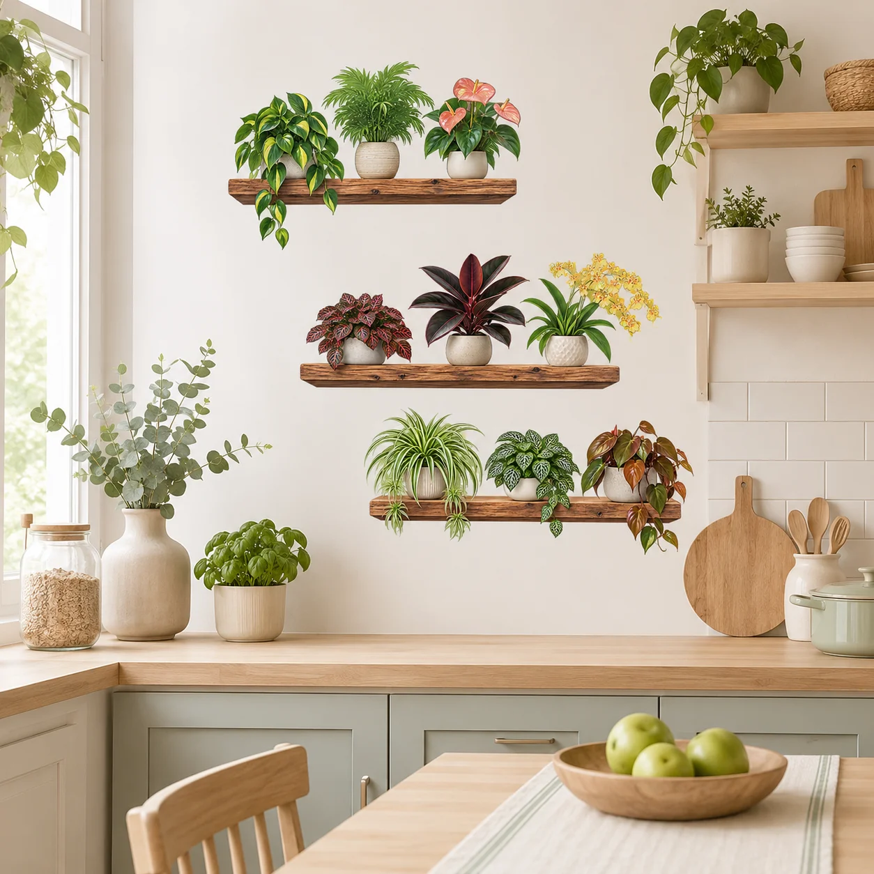 Botanical Wall Decals Potted Green Plants Leaves Wooden Shelf Sticker Kitchen Living Room Nature Home Decor