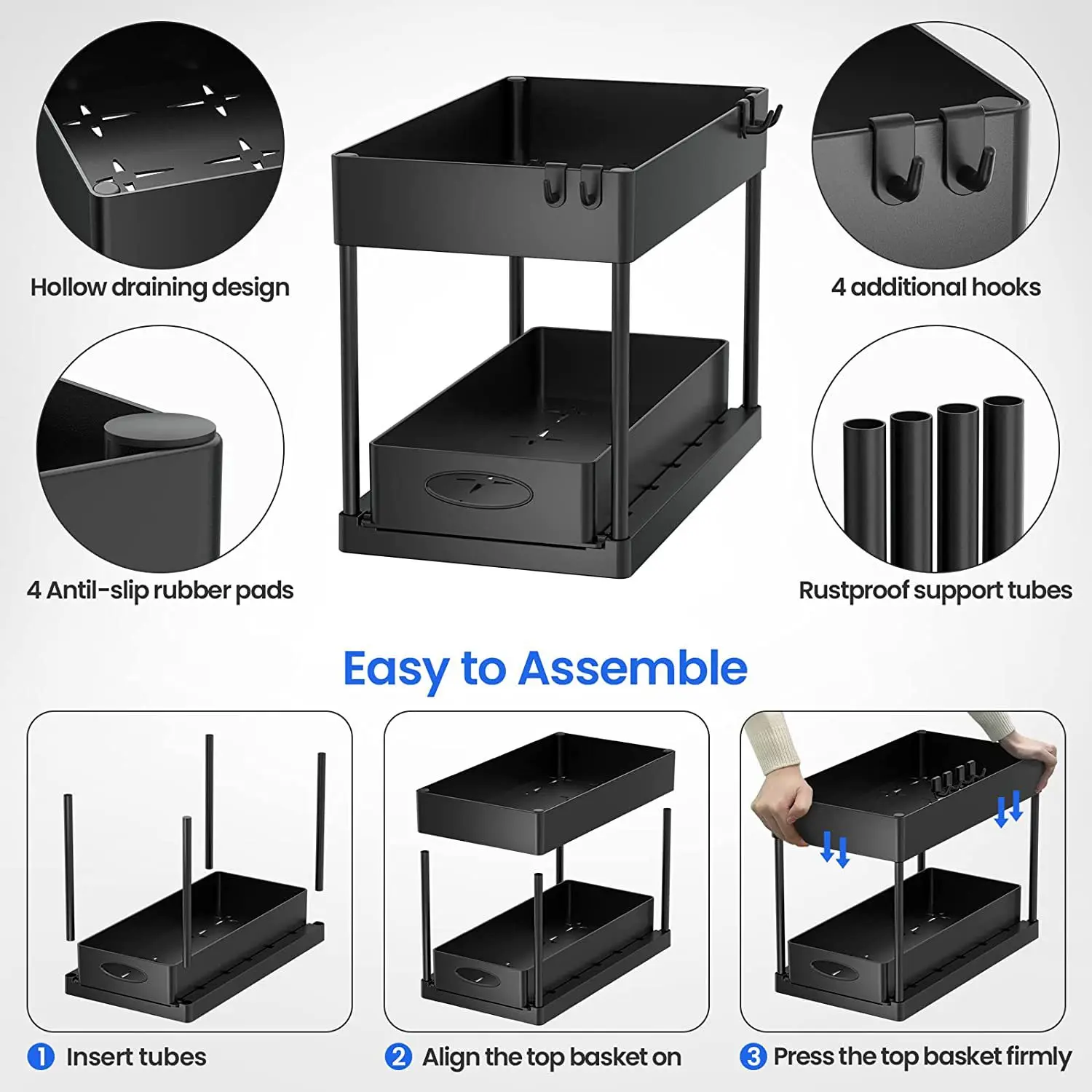 Bathroom Under Sink Organizer 2 Tier Telescopic Storage Rack for Shampoo Detergent Cabinet ,for Kitchen Spices Rack Drawer Shelf