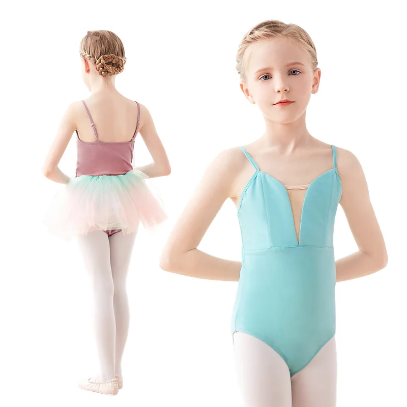 Camisole Dance Leotards for Girls Cotton Spaghetti Adjustable Straps Ballet Costumes Classical Mesh V Neck 2 Layers Chest Front