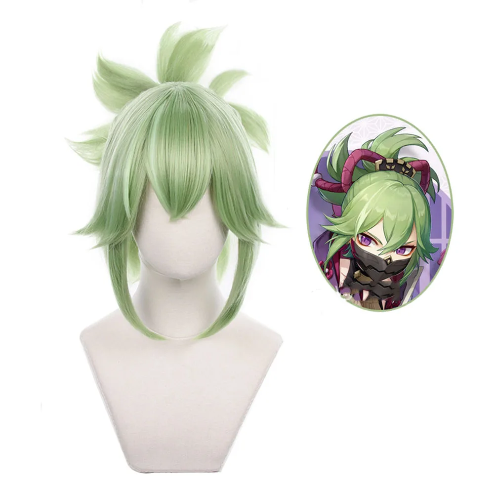 Genshin-Peluca de Anime de impacto para mujer, peluca de Cosplay de Anime Kuki Shinobu, accesorios de juego de rol, coleta con Clip de tigre verde