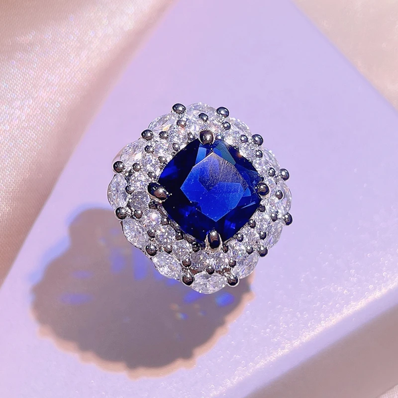 925 Sterling Silver Light Luxury Fashion Geometric Blue Pendant Necklace Set Women\'s Full Cubic Zirconia Luxury Wedding Jewelry
