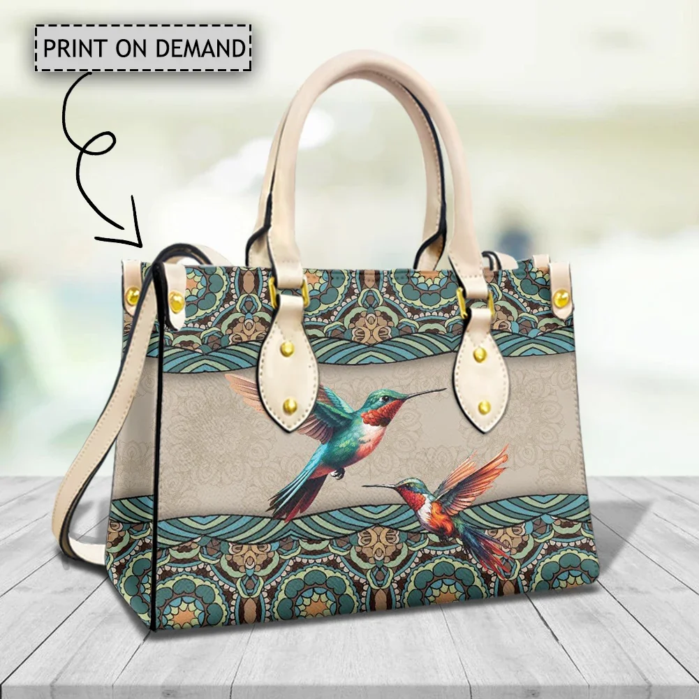 Tas tangan wanita pola burung kolibri Mandala, kasual, tas pegangan atas, tas tangan desainer merek Bohemian, dompet koin kulit Pu, tas cantik