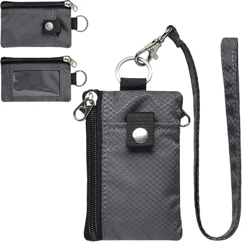 محفظة مدمجة مقاومة للماء ومضادة للسرقة مع نافذة لبطاقة الهوية وسلسلة مفاتيح - حامل بطاقات رفيع بسحاب مع حبل للرجال والنساء