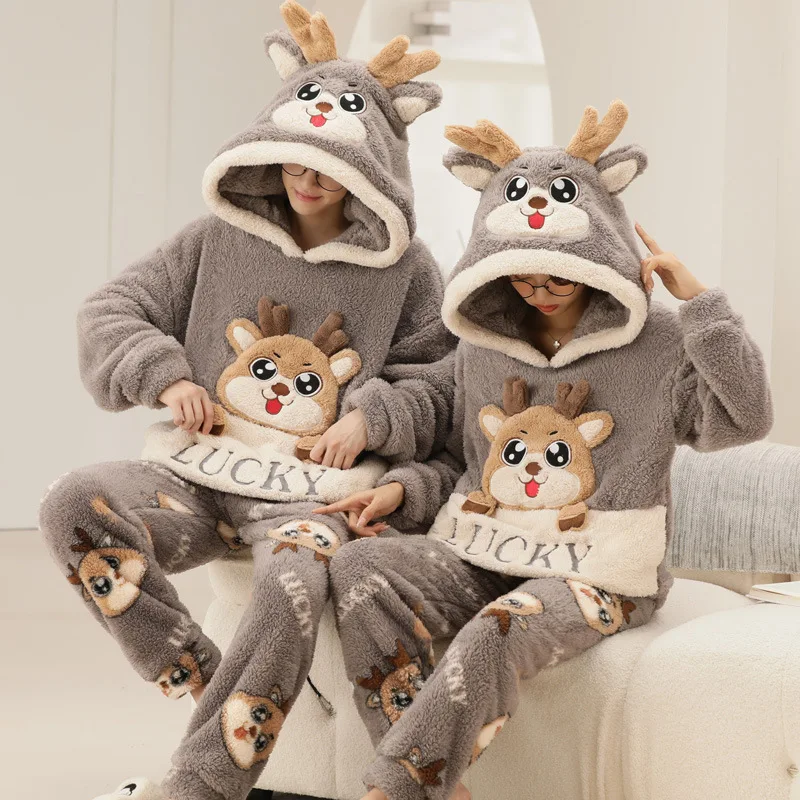Conjunto de Pijamas gruesos de invierno para adultos, Pijama de lana Coral para mujer, ropa de casa con capucha de ciervo y Panda de dibujos animados, ropa de descanso, traje de Pijamas