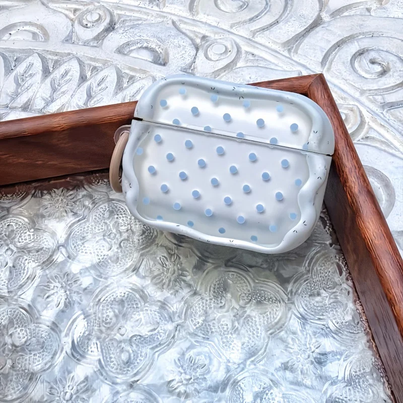 Cute Wavy Edge White TPU Earphone Case With Light Blue Polka Dots For Airpods Pro, Pro2, Pro3, 1, 2, 3, 4, 5