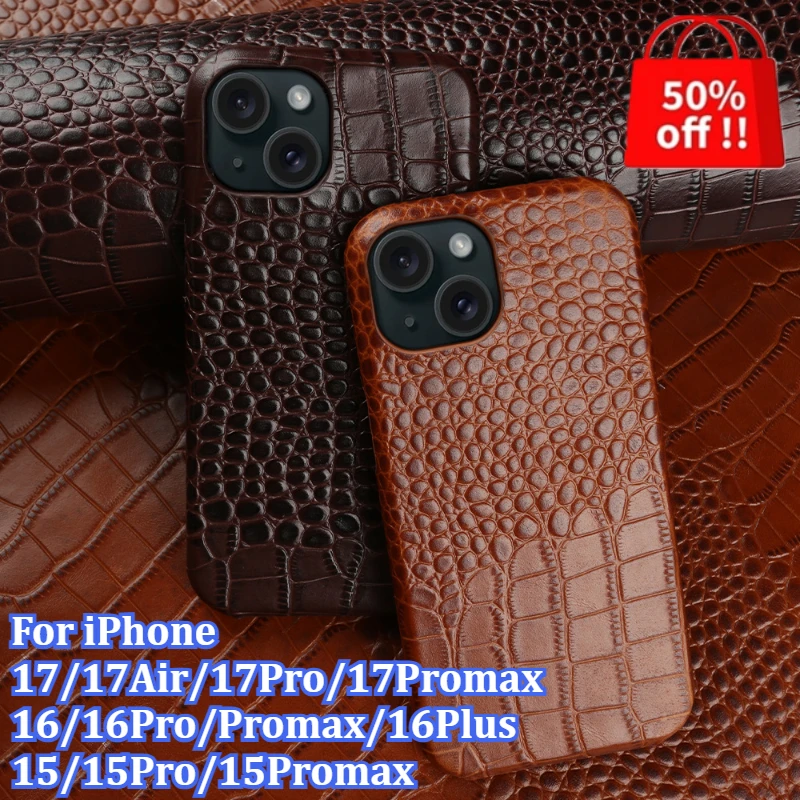 

Genuine Leather Phone Case For iPhone 17/17Air/17Pro/17Promax/16/16Pro/Promax Capa Luxury Crocodile Pattern Business Cover Coque