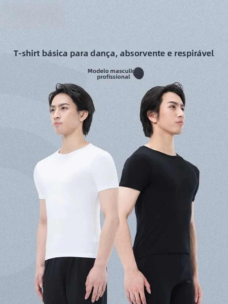 メンズダンストレーニングトップ半袖ラウンドネックブラック体操練習ユニフォーム大人用バレエダンススポーツウェアレモンスポーツ