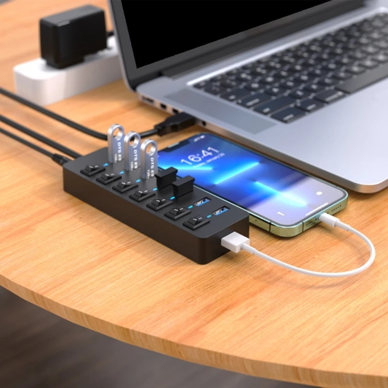 7 Port USB Data Hub Featuring Individual Switches and Long Cable for Laptops, PC, and Gaming Devices