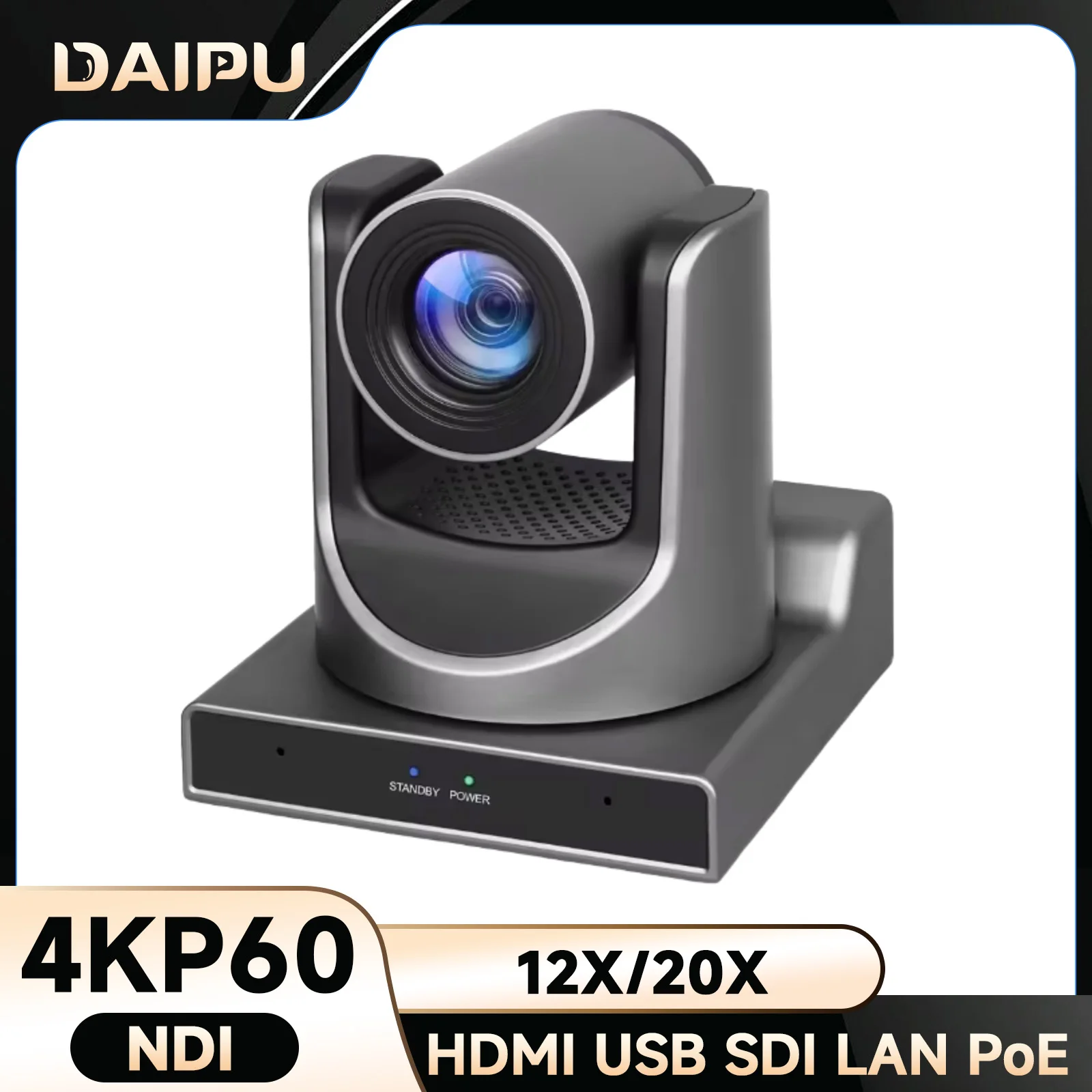 

DAIPU NDI PTZ-камера 4KP60 20X 12-кратный оптический зум HDMI USB3.0 LAN POE SDI AI Автоматическое отслеживание для церковной прямой трансляции Youtube Zoom