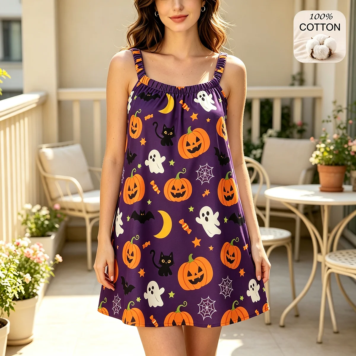Halloween Themed Print Camisole Nightgown Women Pumpkin Ghost Pattern Casual Dress Soft Skin-friendly Cotton Sleeveless Pajamas