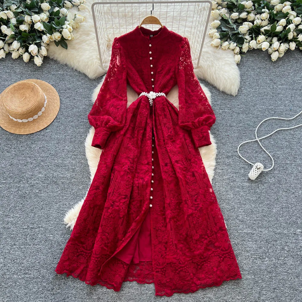 

Женские платья из бисера, однотонное сетчатое платье с вышивкой, круглым вырезом, длинными рукавами, завязанной талией, до щиколотки, однобортное, осень 2023 г.