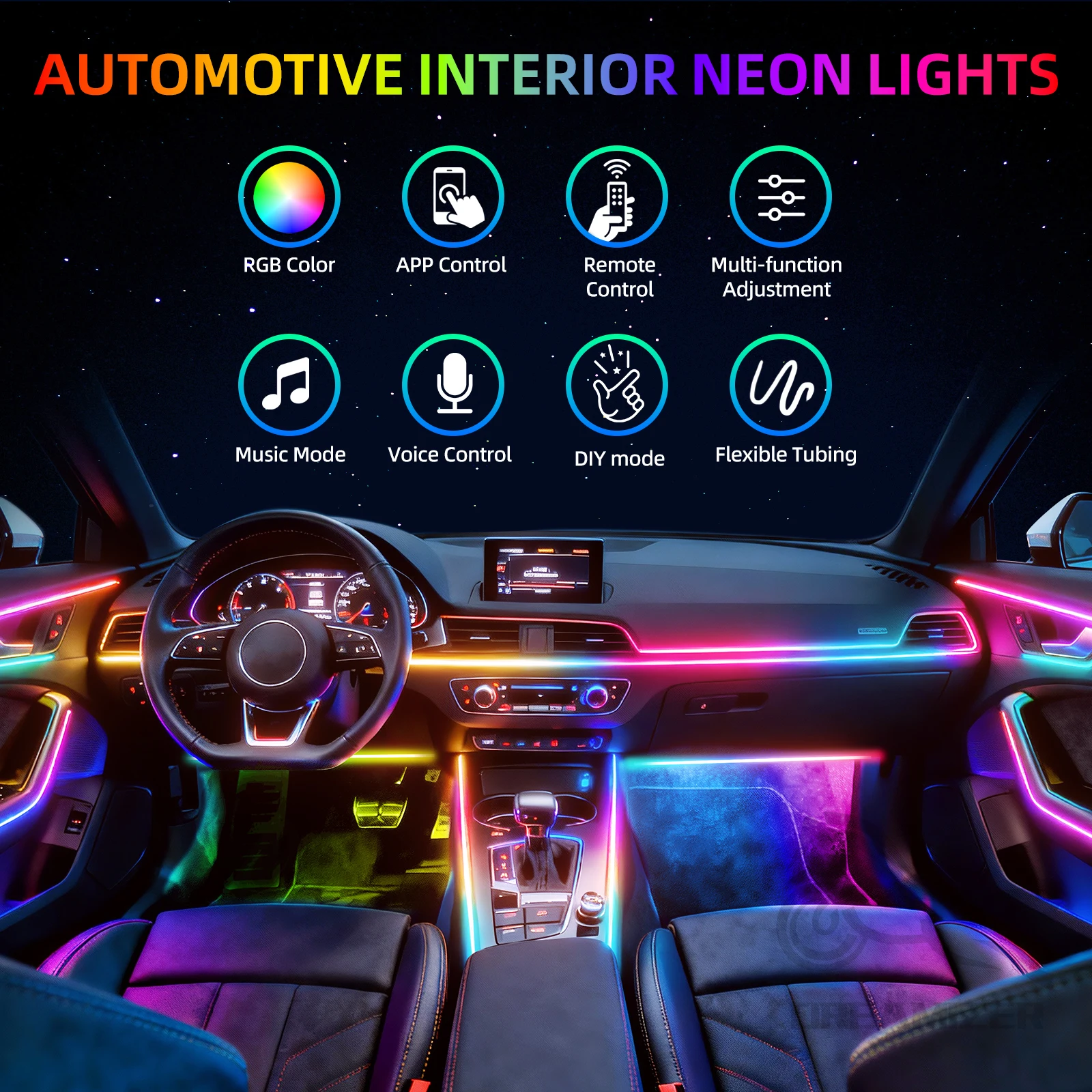 LED Symphony 10 in 1 Car Interior Ambient Light Kit APP Music Control Acrylic Strip RGB Atmosphere Lamp For Auto