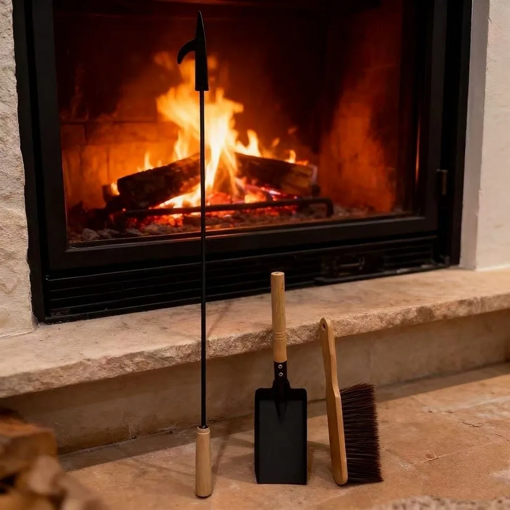 Functional 3 Piece Fireplace Tool Set with Fire Hook Shovel and Dust Brush for Regular Fireplace Upkeep and Safety