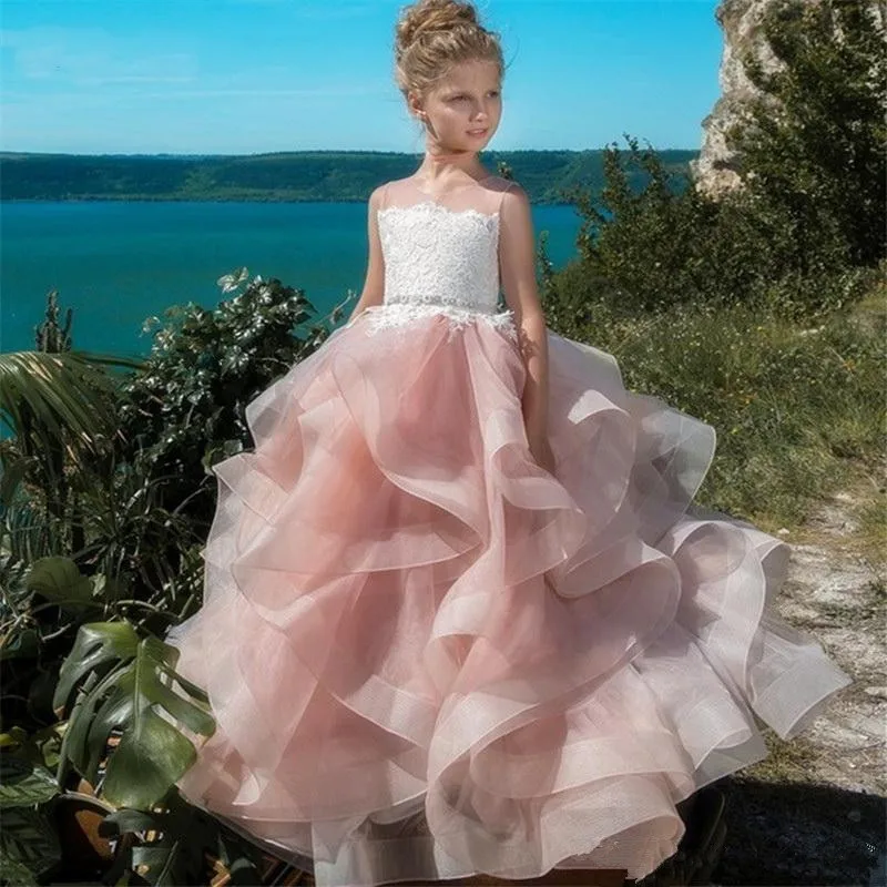 

Cute Kids Flower Girl Dresses For Wedding Blush Pink First Communion Gowns For Girls Ruffly Cloud Beaded Princess Pageant Gowns