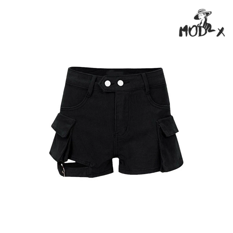 MODX-pantalones cortos de mezclilla de cintura alta para mujer, ropa de exterior retro americana, pantalones de trabajo de dos bolsillos, sentido de