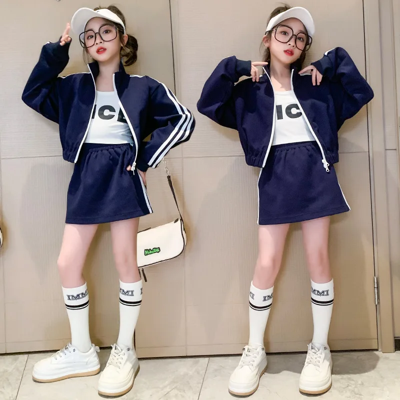 Fashion spring teenage girls Sports clothes Set Baseball jacket+High Waist A-line Half Body 2pcs 12 14 15 children kids outfit