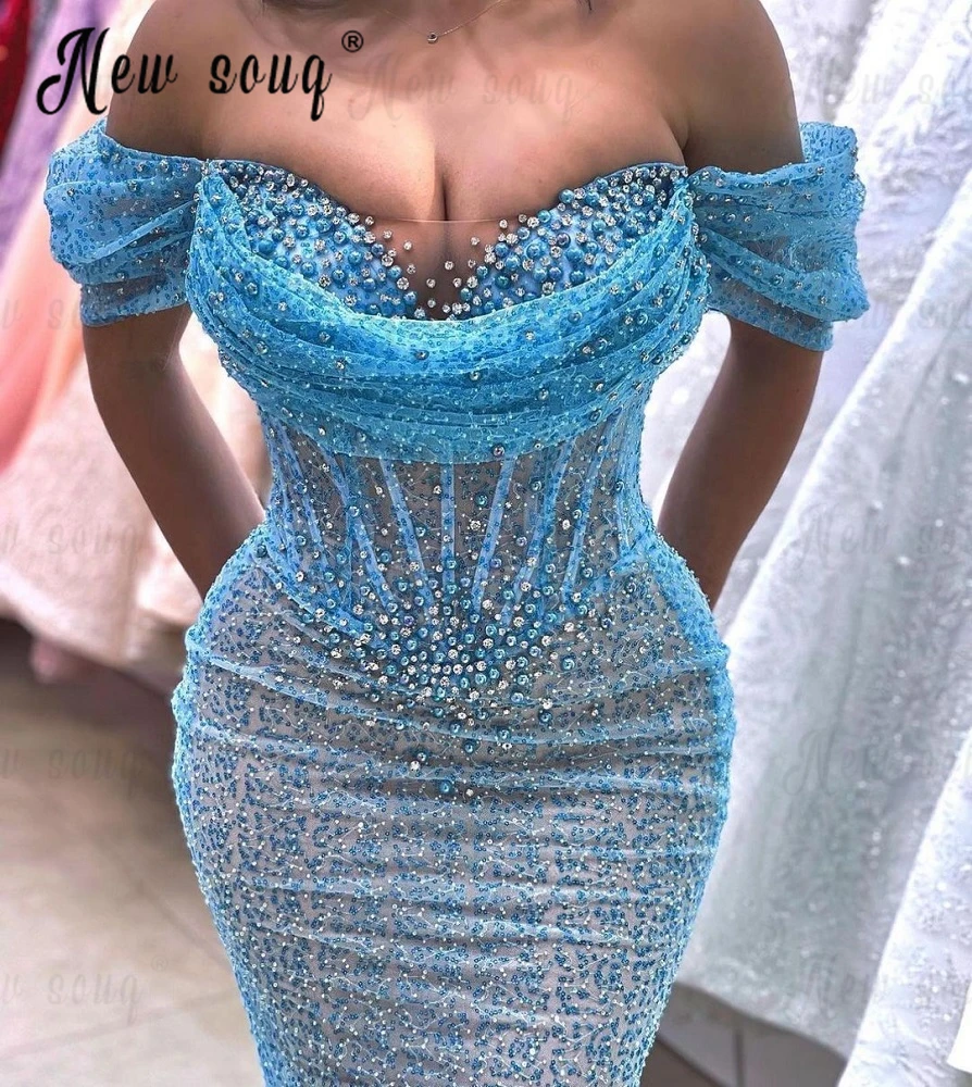 Pearls Blue Party Dresses Sequins Off Shoulder Mermaid Formal Prom Gowns Custom Made Women Long  Sparkle Beaded Evening Dresses